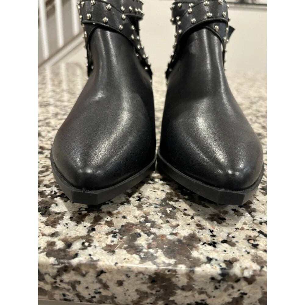 Black Leather Booties Studded, Pointed Toe, Cut Out, Buckle,  Ankle Boots Sz 40
